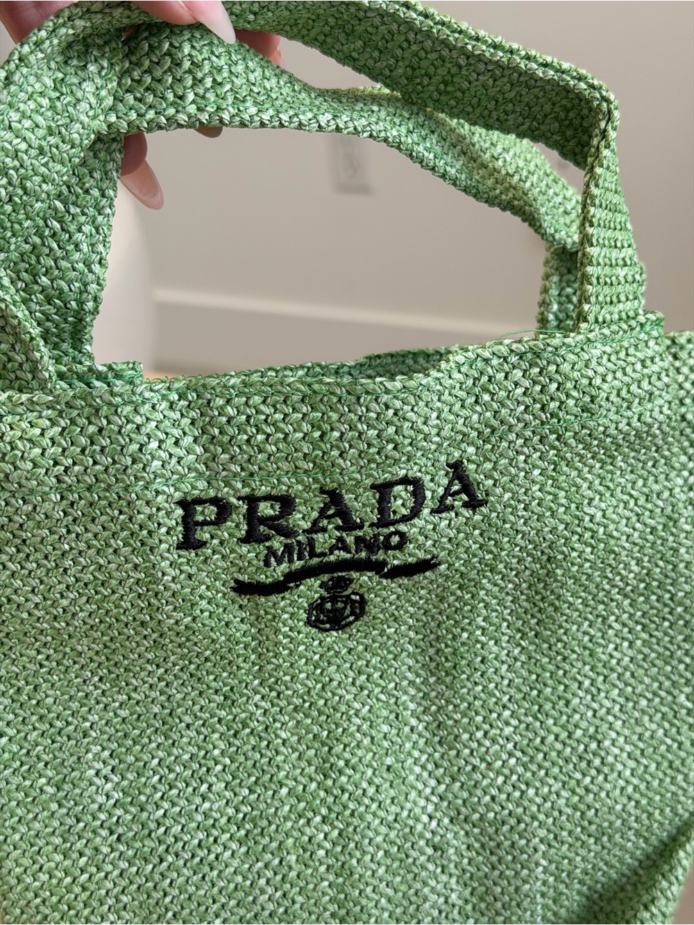 Prada Green Woven Tote with Embroidered Logo - Picture 3 of 4